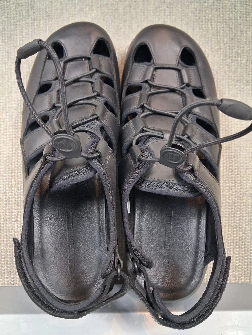 Merrell Mens Tideriser Luna Fisherman Leather Sandals Bungee Lace Black Size 10